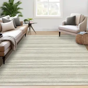 GARVEE Large 10x13 Machine Washable Area Rug for Living Room and Bedroom, Modern Striped Low Pile Indoor Carpet, Ultra Soft Neutral Beige Minimalist Solid Color Floor Rug for Pets