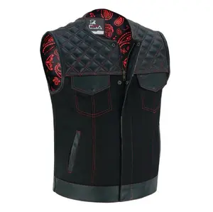 Collarless Red Stitched Leather & Denim Motorcycle Vests for Men