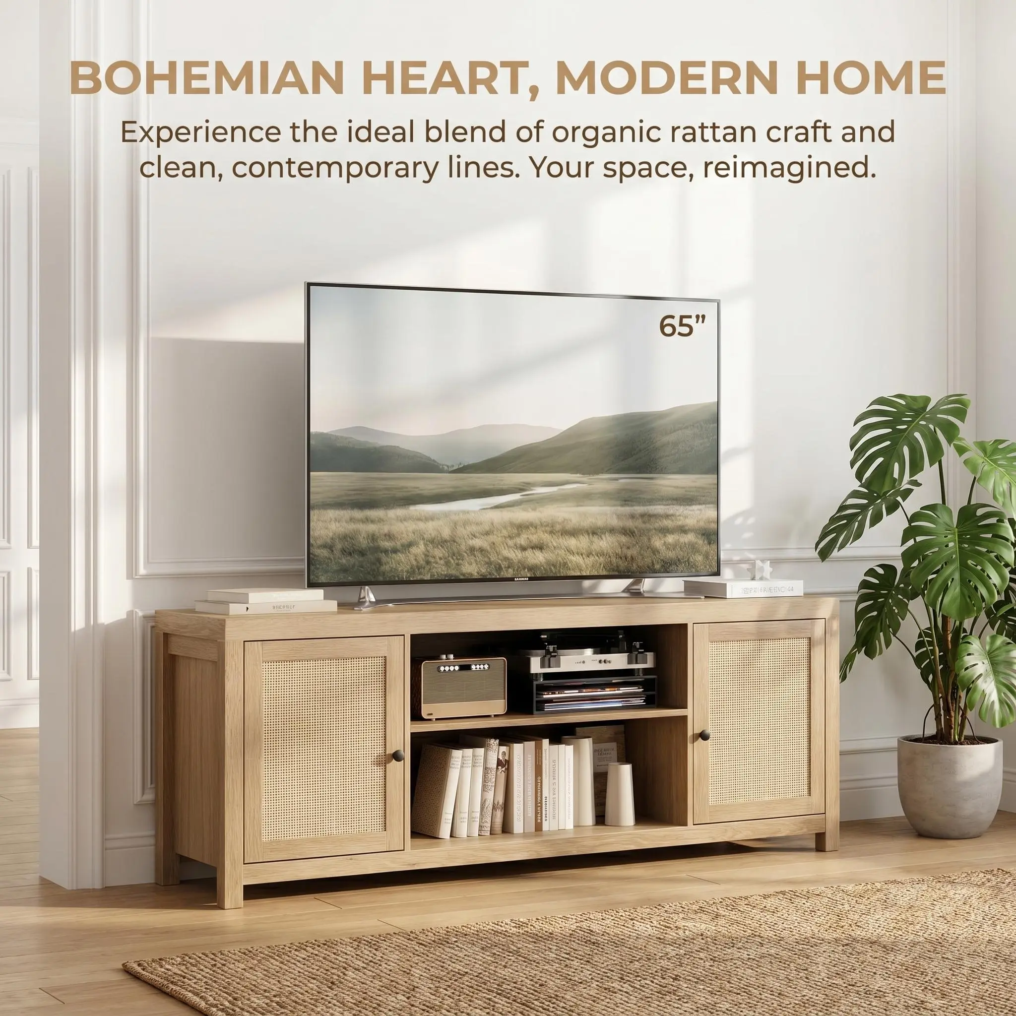 YJ-Garvee Sturdy Bohemian 57-Inch Rattan TV Stand - Rectangle Single Unit Engineered Wood Media Console, 57.9x15.7x25 in, 3-Level Shelf Fit Storage Cabinet, 93.04 lbs, Easy Setup Assembly Required for Living Room