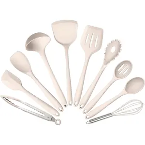 10 Pack Kitchen Utensils Set for Cooking,   Cooking Utensils Set, 446F Heat Resistant  Kitchen Tool with Turner Spatula, Soup Ladle, Serving Spoon for Nonstick Cookware - Khaki