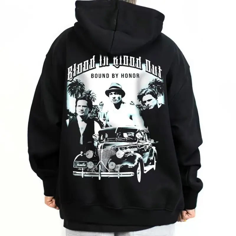 Graphic-Hoodie & T-Shirt – Blood In Blood Out, Unisex Sweatshirt & Tee, Chicano Style Streetwear, Old Movie Inspired Mexican Clothing Outfit, Basic Fabric Casual Fit, Outdoor Wear, Oversized Pullover, Menswear Urban Fashion