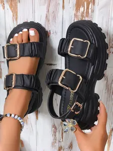 Women's Chunky Platform Sandals, Fashionable Comfy Sandals, Gold Buckle Ruched Strap Thick Sole Wedge Shoes, Comfortable Casual Summer Footwear, Non-slip Thick Sole Sandals for Daily Wear
