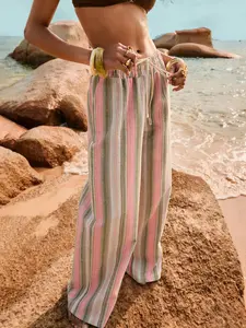 Women's Boho Style Elastic Waist Striped Long Pants, Straight Leg Design for Comfort and Fashion, Ideal for Daily Wear