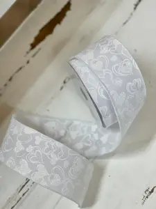 2.5 Inch By 10 Yard White Glitter Heart Ribbon