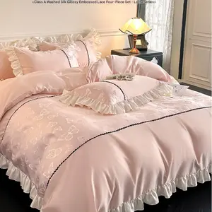 Summer Ice Silk Four-Piece Set Princess Style Lace Silky Bed Sheet and Duvet Cover Three-Piece Bedding Set Pink