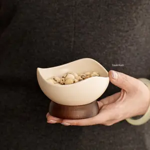 1pc Rustic Ceramic High-Foot Snack Bowl, Irregular Edge Dessert Bowl with Wooden Base, Perfect for Yogurt Ice Cream Fruit Salad