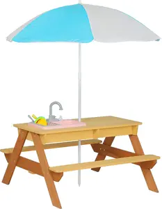 Kids Picnic Table with Umbrella, 3-in-1 Cedar Wood Water Table, Sand and Water Table for Toddlers with Removable Top, Outdoor Kids Table and Chairs for 4 Children