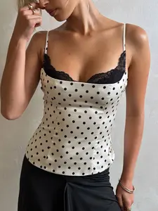 French Fashion Lace Patchwork Colorblock Bodycon Spaghetti Strap Tank Top, Polka Dot Print Zipper Shorts Set, Elegant Y2K Style Women's Vest
