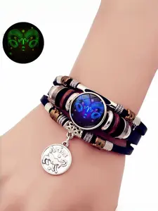 Night Glow Zodiac Time Gem Leather Bracelet, Punk Style Handmade Multilayer Beaded Wristband, Unisex Couple Jewelry, All Seasons, Stackable Bracelets, Stacking Bracelet
