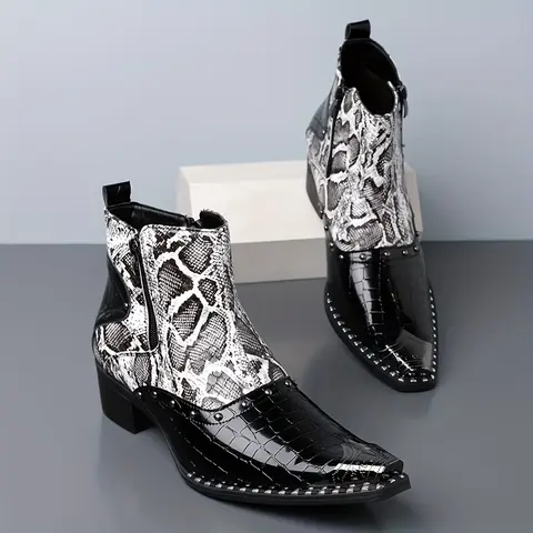 Men's PU Leather Ankle Boots - Chic, All Seasons Cowboy Footwear Fashion, Multi-Function Formal & Business Classic Shoes with Snakeskin/Crocodile Embossed Texture, Square Toe, Studded Zip-Up, Low Kitten Heel