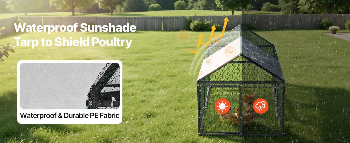 VEVOR Metal Chicken Coop for 4-6 Chickens, 3.3 x 6.6 x 3.3 ft, Small Chicken Cage with Waterproof Cover & Double Doors, Spire Roof Poultry Run Compatible with Wooden Coops, for Rabbit Hen Goose Duck