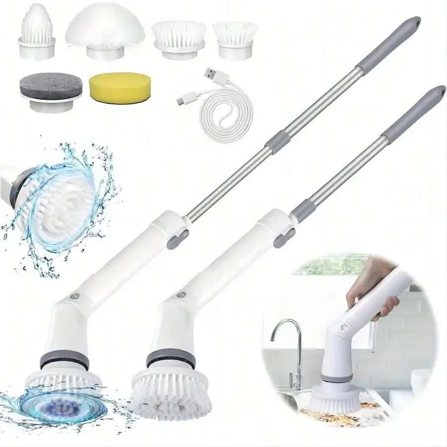Electric Spin Scrubber, USB Rechargeable Wireless Cleaning Brush with 6 Replaceable Brush Heads, Household Cleaning Tool for Tile, Bathroom, Car, Floo