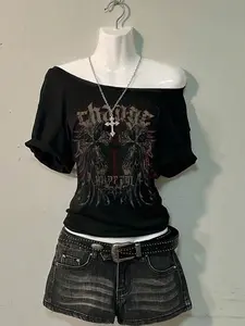 Women's Shoulderless Gothic T-Shirt, Vintage Cross Wings Print Short Sleeve Top, Slim Fit Street Style Casual Wear