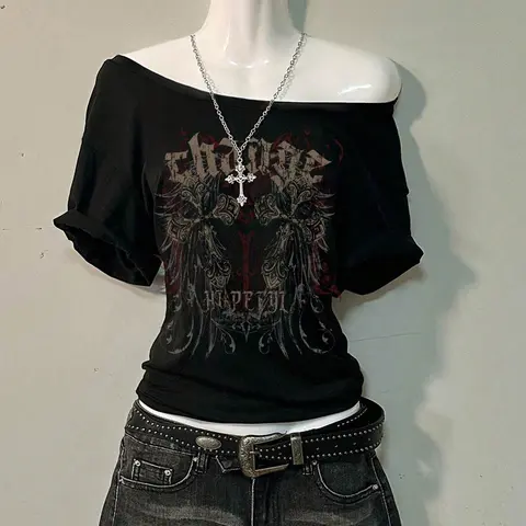 Women's One-Shoulder Gothic T-Shirt, Vintage Cross & Wings Print Short Sleeve Top, Slim Fit Street Style Top for Everyday Casual Wear, Off Shoulder Tee