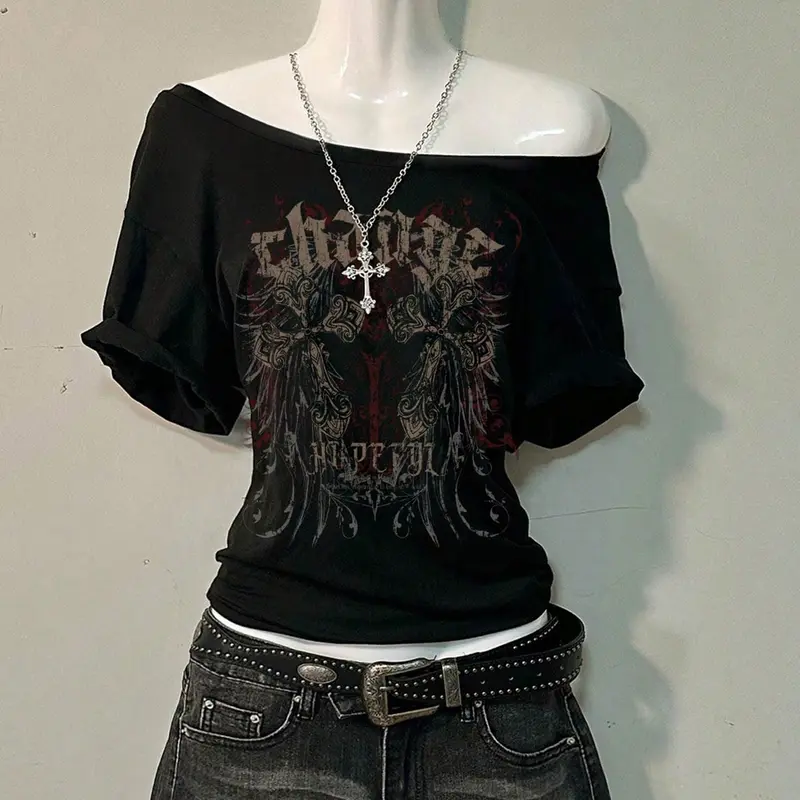 Women's One-Shoulder Gothic T-Shirt, Vintage Cross & Wings Print Short Sleeve Top, Slim Fit Street Style Top for Everyday Casual Wear, Off Shoulder Tee