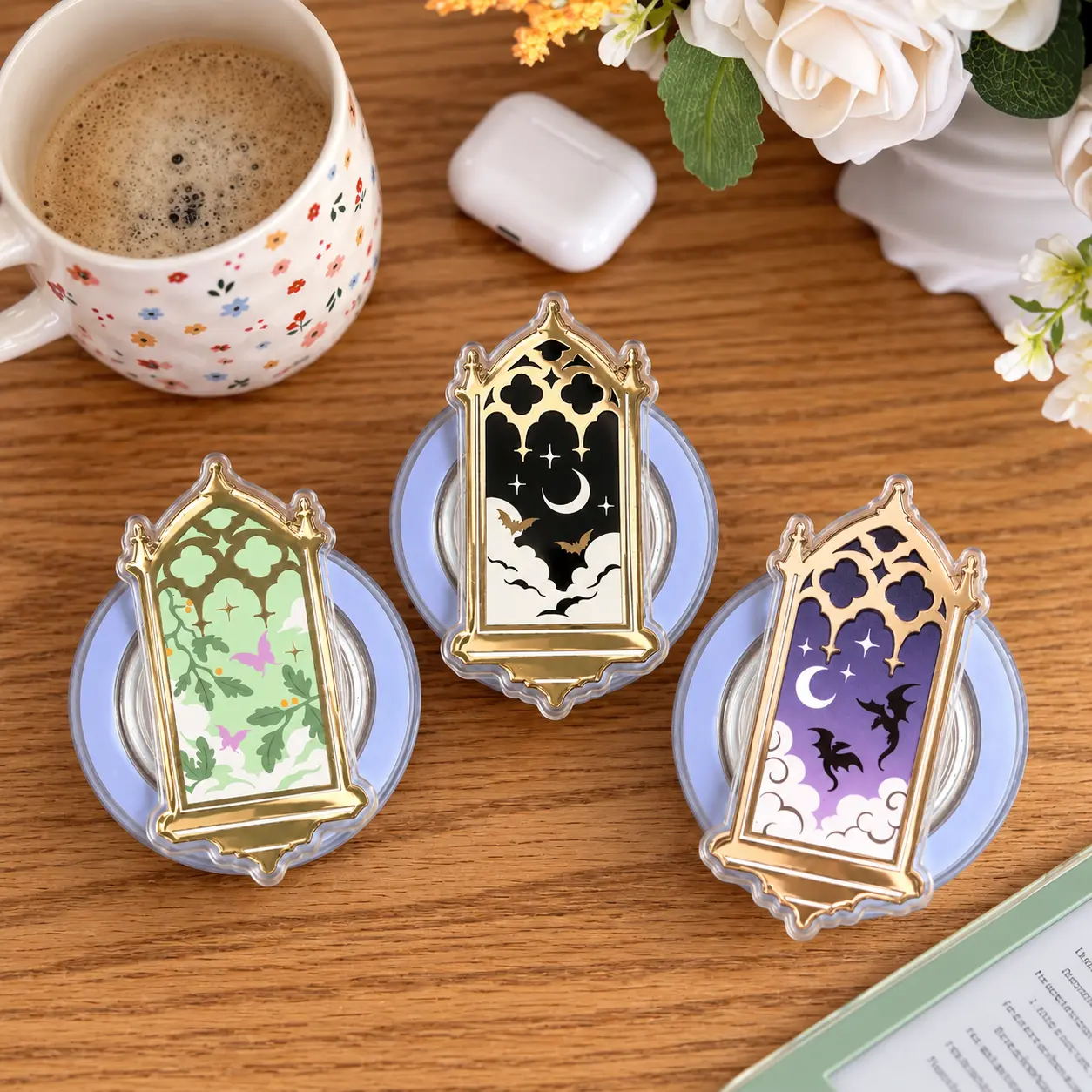 Gothic Window Phone Grip, Moon and Bat Phone Holder, Dark Academia Accessory, Witchy Fantasy Kindle Grip, Gothic Book Lover Gift