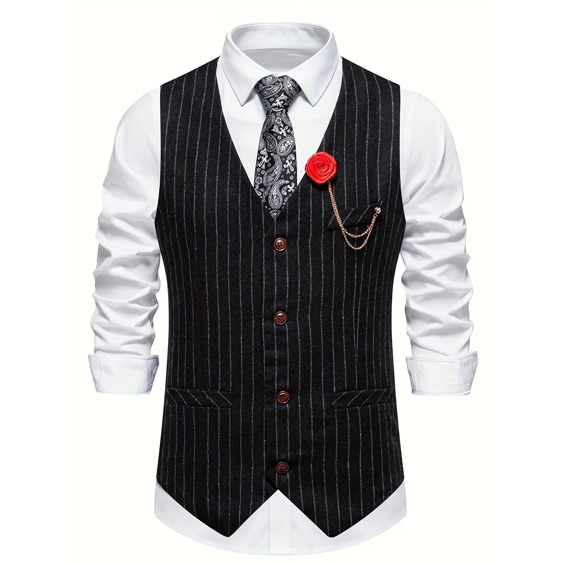 Men's Woven Polyester-Spandex Striped Waistcoat - Vintage Rose Stripe, British Style, Tailored Regular Fit V-Neck Tops for Formal Business Wear, Multi-Size Menswear, Dry Clean Fabric