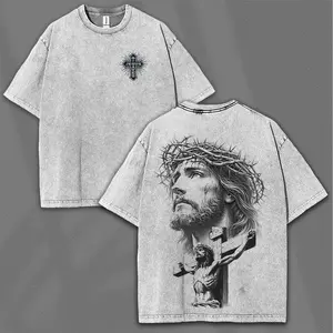 Jesus Saves Washed T-Shirt, Vintage Christian Streetwear Top, Crown of Thorns Crucifixion Graphic Tee women's and men's tops TikTokShop Black Friday