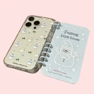 Cute Winter Snowman Notebook Phone Case, Aesthetic Flip Book Style Shockproof Clear Cover For 11-17 Series Phones