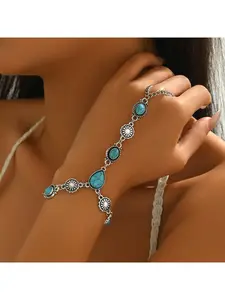 Boho Denim Style Distressed Finger Chain Vintage Turquoise Alloy Disc Bracelet for Women, Retro Fashion Accessory, Unique Jewelry Gift