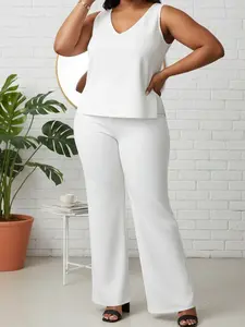 Women's Minimalist Plus Size Solid Color 2-Piece Sport Clothing Set - Sleeveless V-Neck Slit Top, High-Waist Wide-Leg Stretch Trouser, Women's Clothes, Comfortable Elegant Outfit for Summer Sports, Outdoor Activities