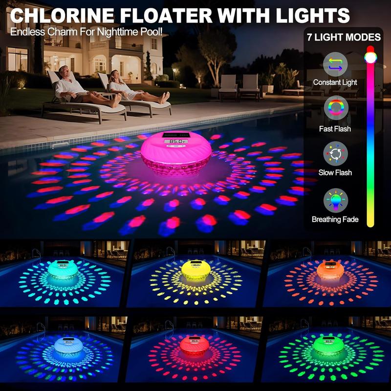 2025 Upgraded Pool Chlorine Floater with Thermometer,Digital Screen Solar Chlorines Floaters with Light, Chlorine Floater with Adjustable Release,Floating chlorines Dispenser for Pool,Hot Tub