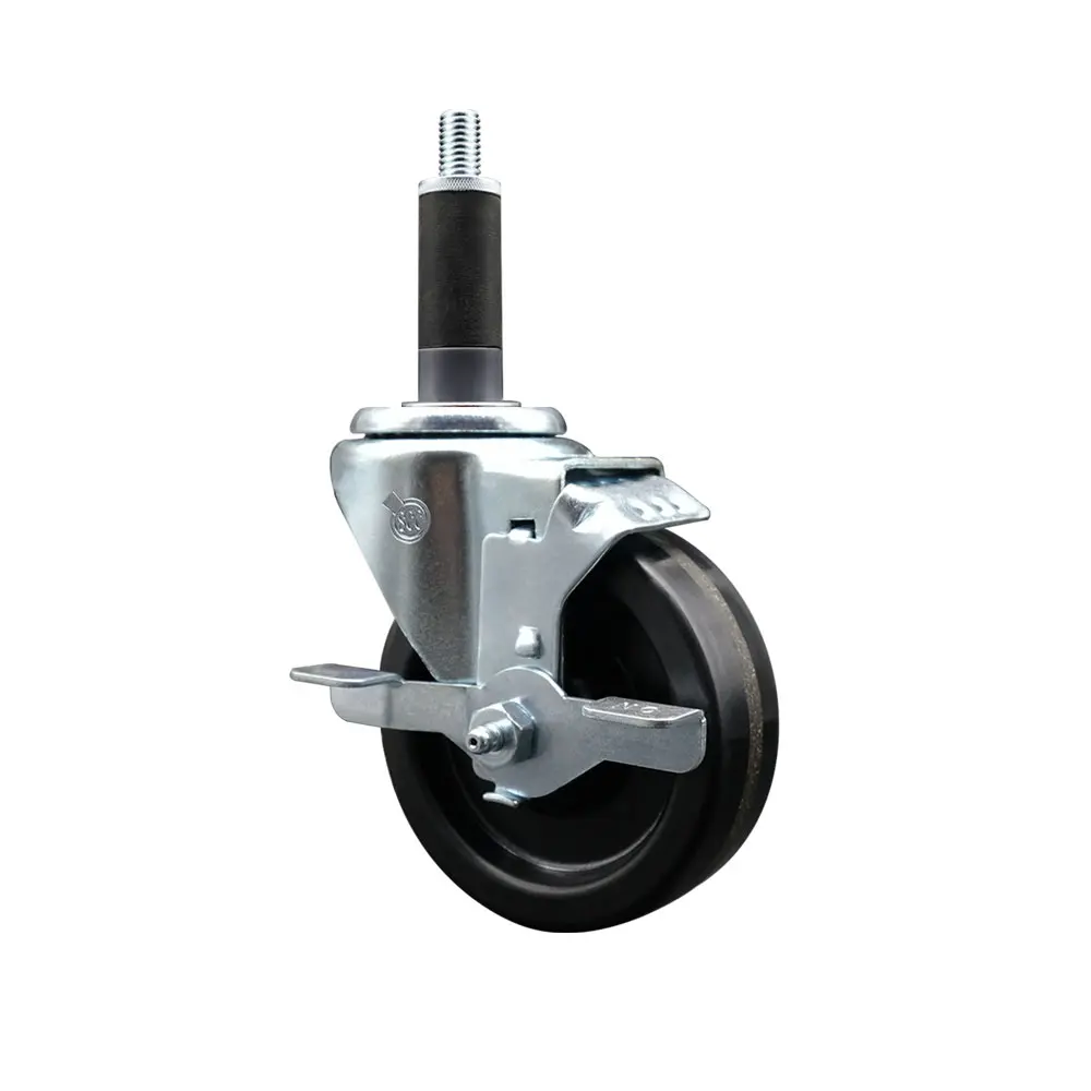 Service Caster SCC-EX20S414-PHR-TLB-1 Phenolic Swivel Expanding Stem Caster, 4x1.25 in. Black Wheel, 1 in. Stem, Roller Bearing, Top Locking Brake, Bright Zinc Plated Finish, 300 lbs Capacity for Shop Projects Needs, Casters