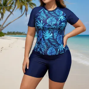 Plus Size Women's Plant Print Two Piece Swimsuit ort Sve Slimming Concealing Separate Beachwear round Neline Polyester