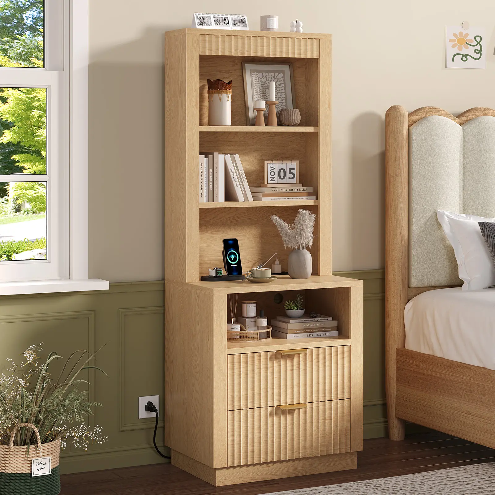 ADORNEVE Chic Fluted Panel Tall Nightstand Cabinet - Mid-Century Modern Engineered Wood Side Table with Drawers, Open Shelf, Metal Handle for Bedroom, Living Room