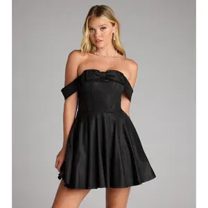Maria Glitter Bow Off-The-Shoulder Skater Dress