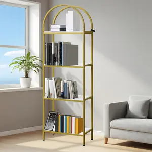 Garvee Modern Arched 4-Tier Office Bookshelf, Tall Metal Frame Bookcase, Spacious Wooden Shelves, Open Display & Storage, Ideal for Home Office, Living Room, Bedroom