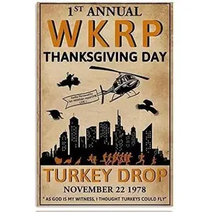 Pzecaru 1st Annual WKR Thanksgiving Day Turkey Drop Vintage Tin Sign 8x12 Inch Wall Art Poster Retro Plaque for Home Coffee Decor Easy to Hang Nostalgic Design
