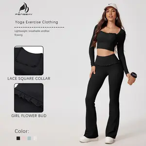 FENGBAY  Women's Solid Color Frill Trim Sportswear Set, Tight-fitting Sporty Comfortable Breathable Long Sleeve Square Neck Crop Top & High Waist Flare Leg Trousers Set, Sportswear Set for Spring & Fall, Tracksuit Set