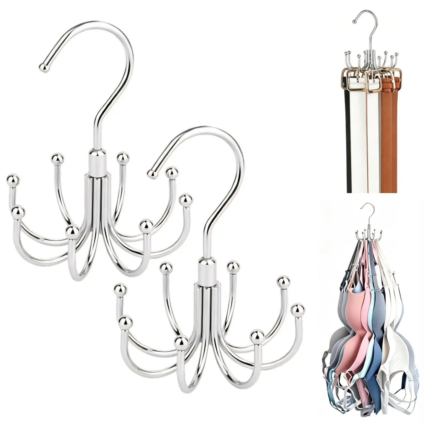 2 Pack Metal Closet Organizer Hook Space Saving 8-Claw Tank Top Hanger 360 Swivel Bra Holder Heavy Duty Non-Slip Belt Tie Rack Wardrobe Storage Essentials for Swimwear Handbags Closet Efficiency