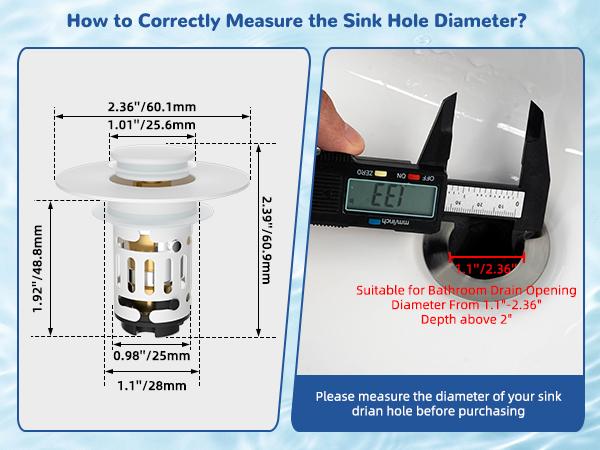 Hibbent Upgraded 3 in 1 Bathroom Sink Drain Strainer, Universal Pop Up Stopper with Removable Stainless Steel Filter Basket Hair Catcher, Sink Plug for 1.1''~2.36'' Basin, Brass Bullet Core, White