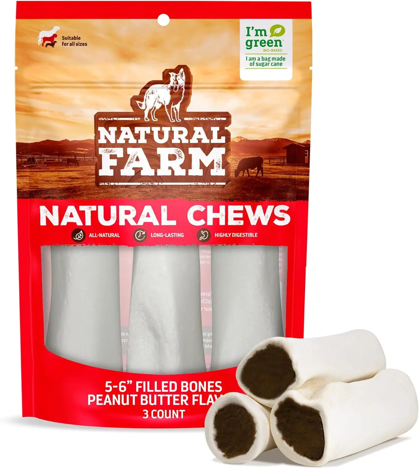 Natural Farm 5-6 in Limited Ingredient Rawhide-Free Peanut Butter Filled Bones for Large Dogs - Protein-Packed, Calcium-Infused for Strong Teeth & Muscle Health - 3 Count, Limited Ingredient Bones, Rawhide-Free Bones