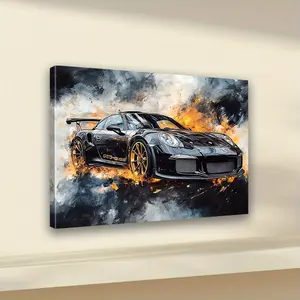 1pc Turbo Sports Car Canvas Art Print Black Racing Car Poster with Orange Accents Dynamic Motion Blur Effect Modern Automotive Decor for Living Room Office Garage Ready-to-Hang Wall Decoration Perfect Gift for Car Enthusiasts