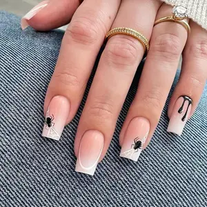Gothic Style Nail Art Set, Drip & Spider Web Design, Medium-Long Square False Nails, 24 Pieces, Perfect for Halloween