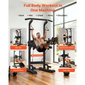 VEVOR Pull Up Bar, 330 LBS Power Tower Dip Station, Workout Dip Station with H-Shaped Stable Base Assistance Platform, Adjustable 9 Level Height Pullup Stand for Back, 3-Level Adjustable Elbow Pads