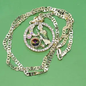 Jude Thadeous 1.3 Inches Long Round Clear Zirconia Pendant with 23.3 Inch Marinier Style Copper Gold Plated