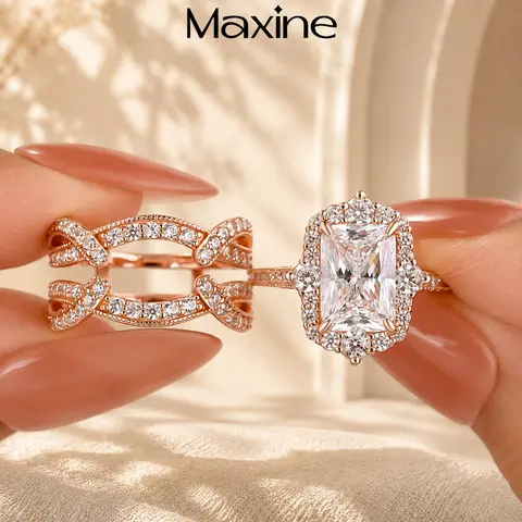 Maxine Vintage 3.0ct Radiant Cut Insert Wedding Ring Set,Halo Engagement Ring Matching Nesting Stackable Wedding Band Set