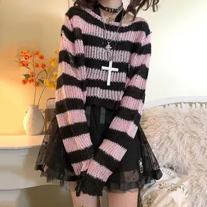 Karrram Pink Striped Gothic Sweaters Women Ripped Holes Loose Knitted Pullover Frayed Fairy Grunge Jumpers Emo Streetwear Lolita