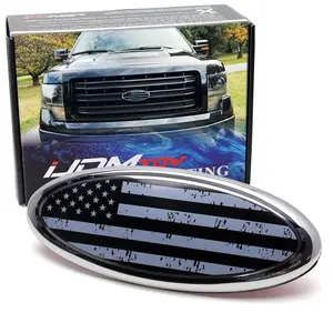 iJDMTOY 9-Inch Distressed Grayscale US Flag Design Front Grille Oval Emblem Badge Replacement For Ford 2004-14 F150, 2005-07 F250/F350, 2011-14 Edge, 2011-16 Explorer