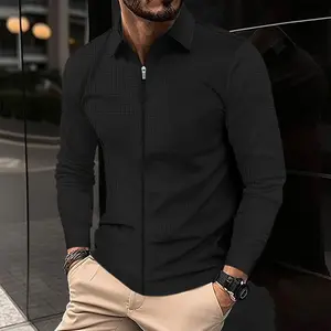 Men's Waffle Knit Zip Up Jacket Slim Fit Long Sleeve Turndown Collar Lightweight Casual Coat Versatile Everyday Outwear