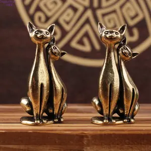 Trending Brass Couple Cat Figurines, Cute Mini Home & Office Desktop Ornaments, Vintage Animal Decor for Tabletop & Shelf Display