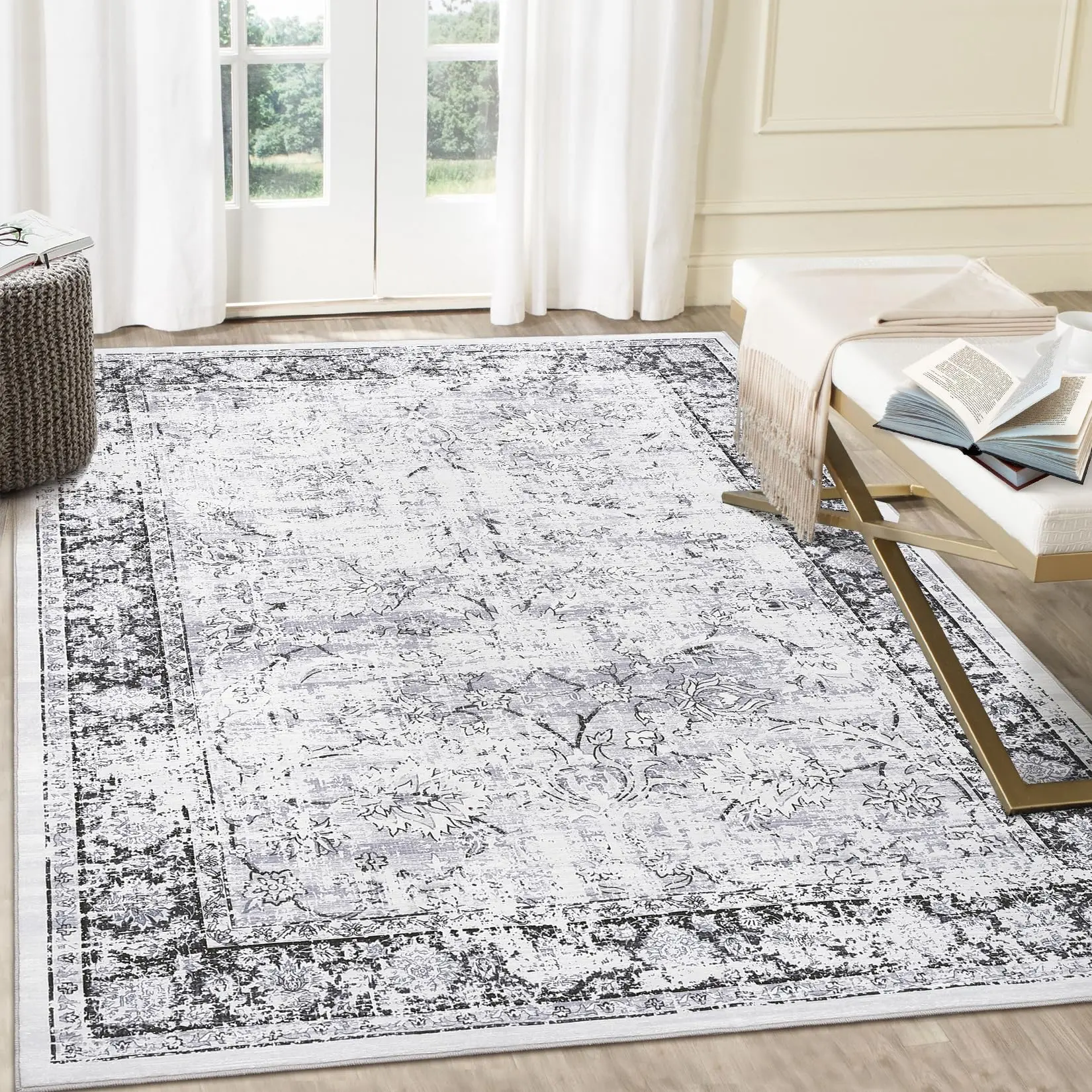 【GARVEE】Area Rugs 9x12 Soft Large Rugs for Living Room, Vintage Distressed Non Slip Low Pile Carpet, Stain Resistant Rug for Bedroom Dining Room Indoor Home Office, Grey
