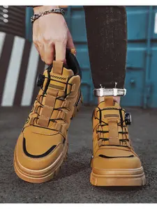 Men's Khaki-Black Tech High-Top Work Shoes, Bold Cool Style, Leather Paneling + BOA Lacing System  Tough Style, Easy to Put On/Off , Ideal for Daily Outfits & Light Outdoor Scenarios