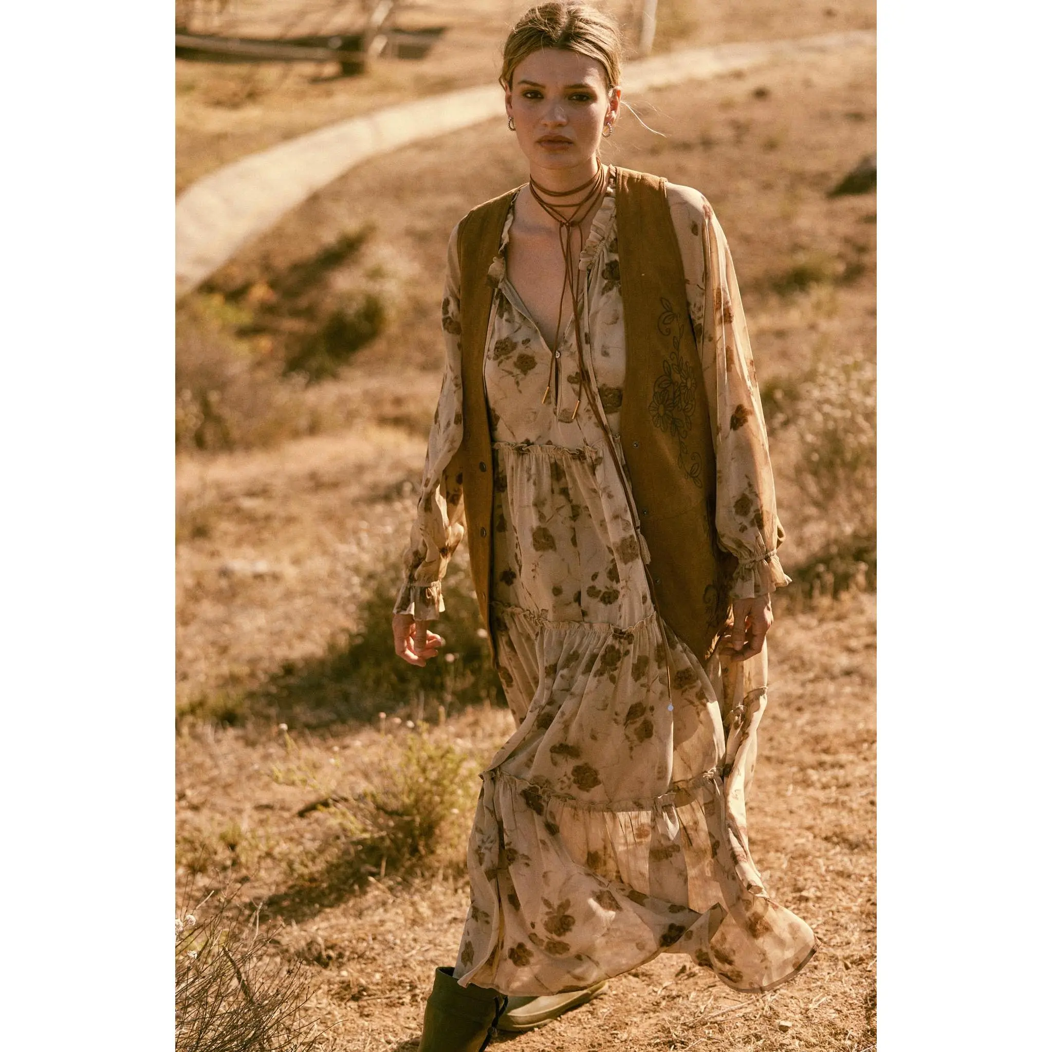 Faded Flowers Tiered Floral Midi Prairie Dress