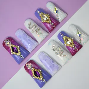Sweet acrylic press on nails  Premium Handmade Long Ducktip Press On Nails 3D Snake & Chain with Rhinestones Reusable Salon Quality for Women and Girls Glossy Finish diy manicure kit easter summer