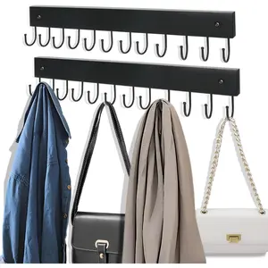 2 Pack Purse Organizer Wall Mount with 24 Rotating 180 °   Coat Rack, 14.6" Wooden Entryway Purse Holder, Wall Hooks for Hanging Belts, Ties, Keys, Scarf, Bras, Bag, Space Saving Hanger (Black)